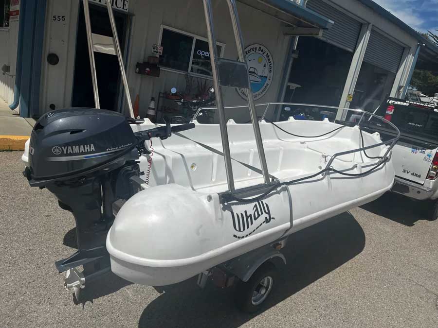 Whaly boat in white with Yamaha outboard on display at Monterey Bay Marine